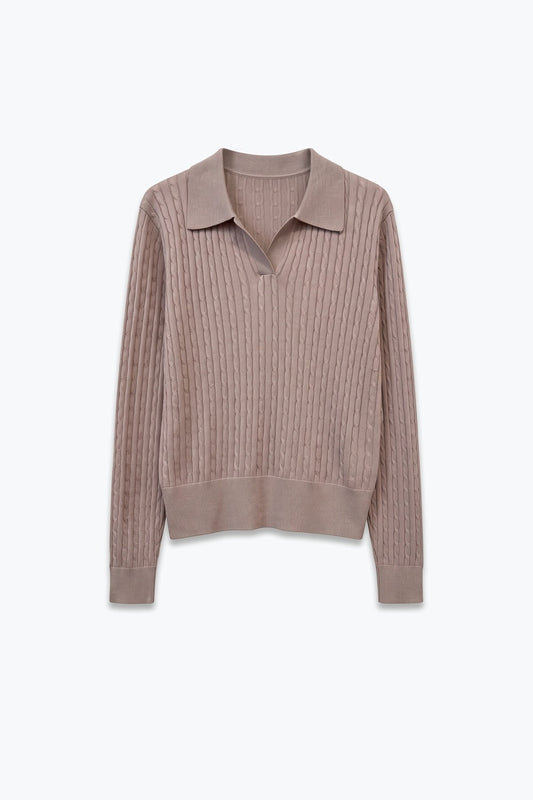 Pink Merino Wool Blend Cable Knit Polo Collar Ribbed Trim Sweater - Polos