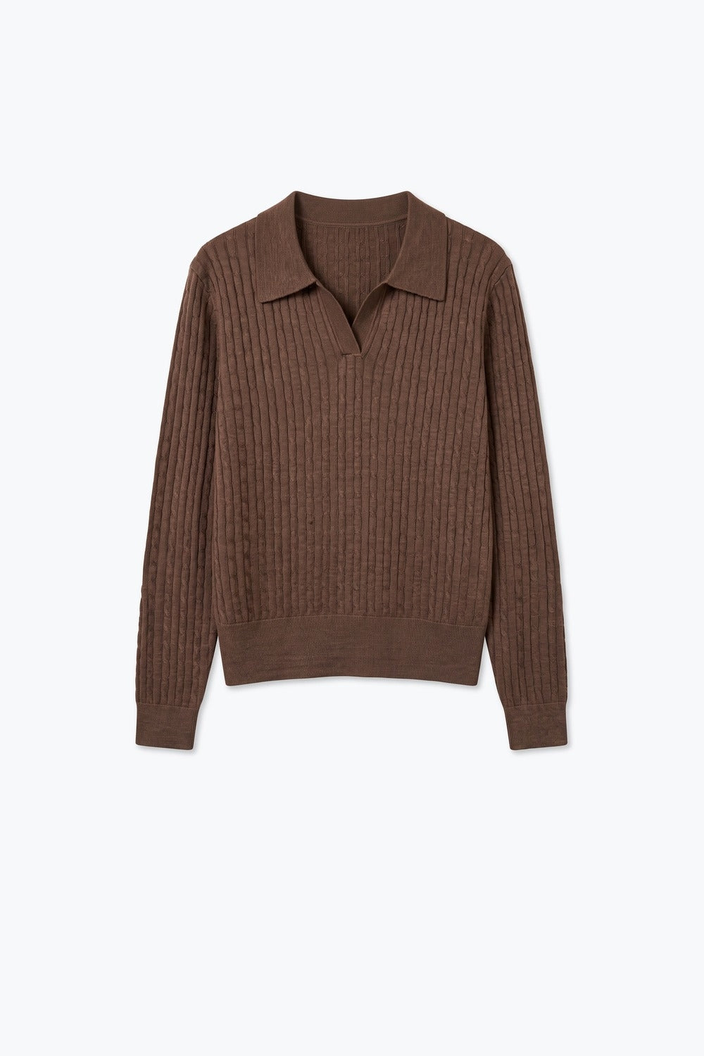 Camel Merino Wool Blend Ribbed Cable Knit Open Polo Collar Sweater - Polos