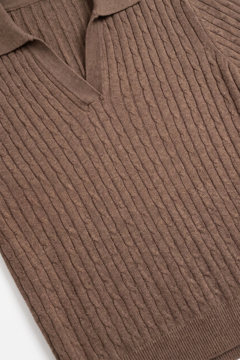 Camel Merino Wool Blend Ribbed Cable Knit Open Polo Collar Sweater - Polos