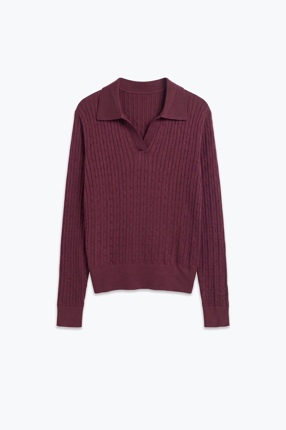 Purple Merino Wool Blend Cable Knit Polo Collar V Neck Sweater - Polos