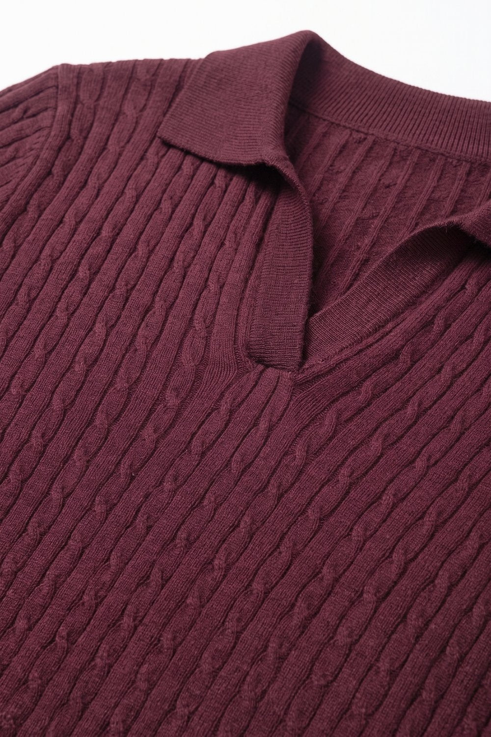 Purple Merino Wool Blend Cable Knit Polo Collar V Neck Sweater - Polos