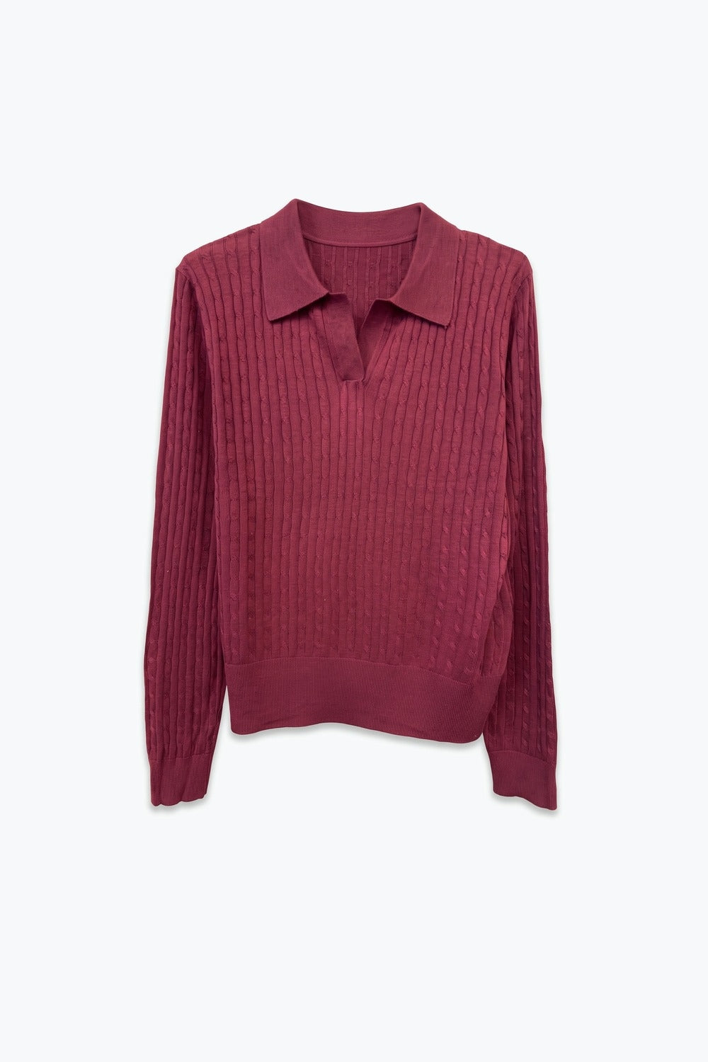 Burgundy Merino Wool Blend Cable Knit Polo Collar Ribbed Hem Sweater - Polos