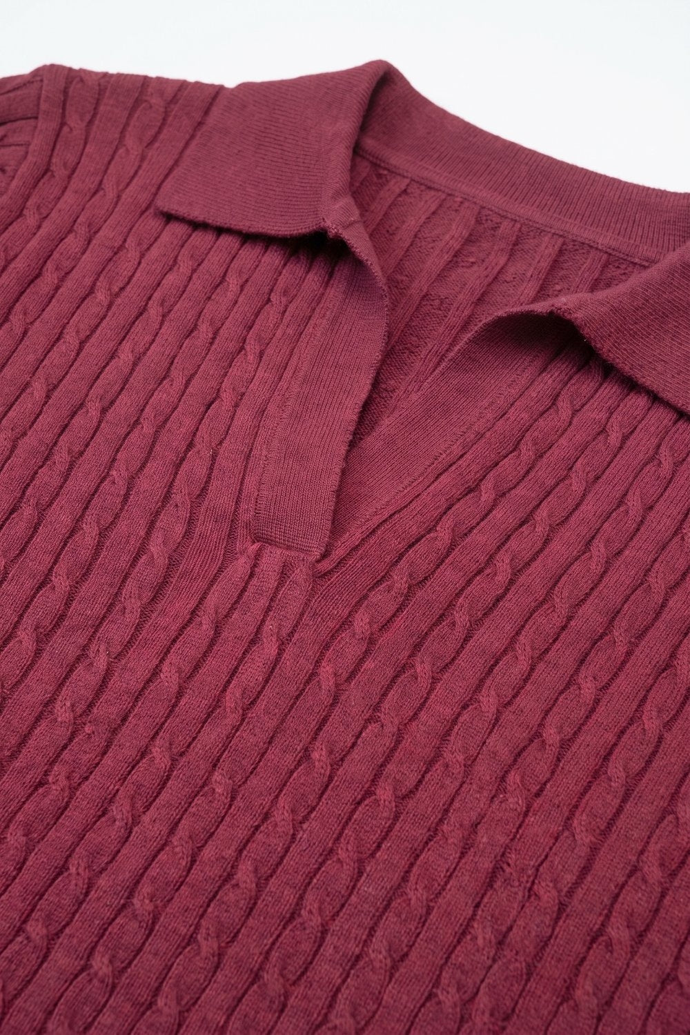 Burgundy Merino Wool Blend Cable Knit Polo Collar Ribbed Hem Sweater - Polos