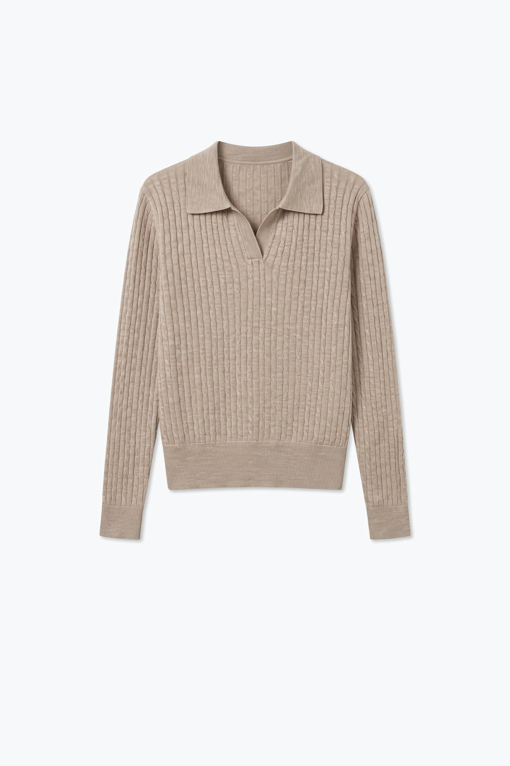 Fango Merino Wool Blend Cable Knit Open Polo Collar Ribbed Trim Sweater - Polos