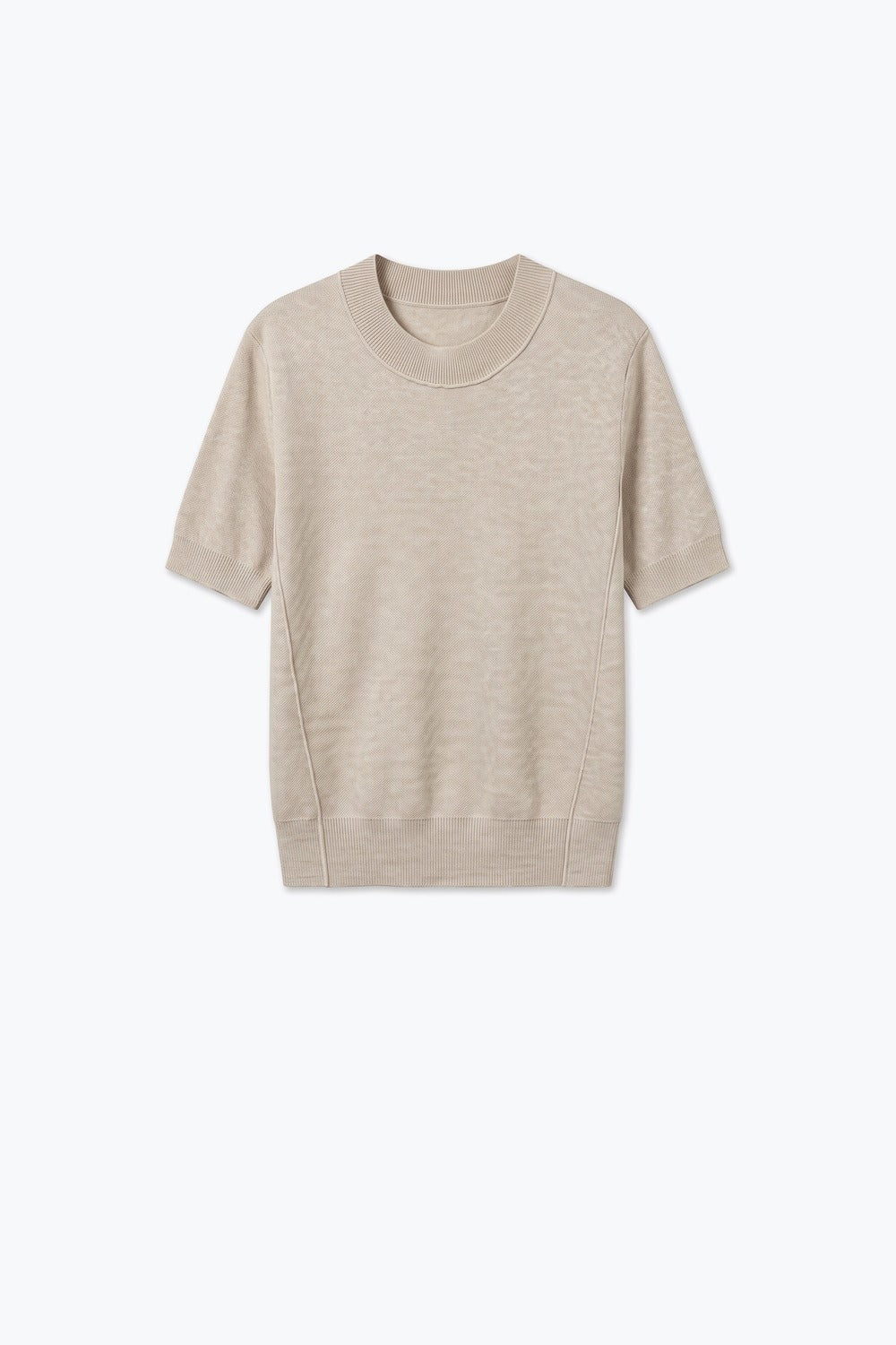 Beige Merino Wool Blend Fine Knit Ribbed Short Sleeve sweater - Jumpers