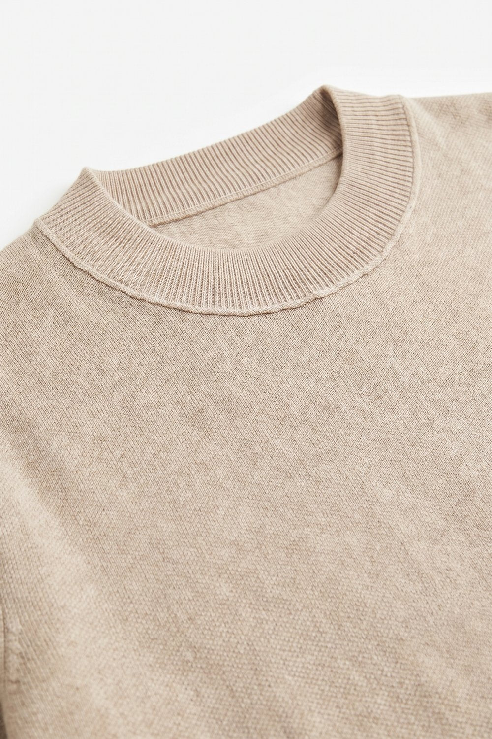Beige Merino Wool Blend Fine Knit Ribbed Short Sleeve sweater - Jumpers