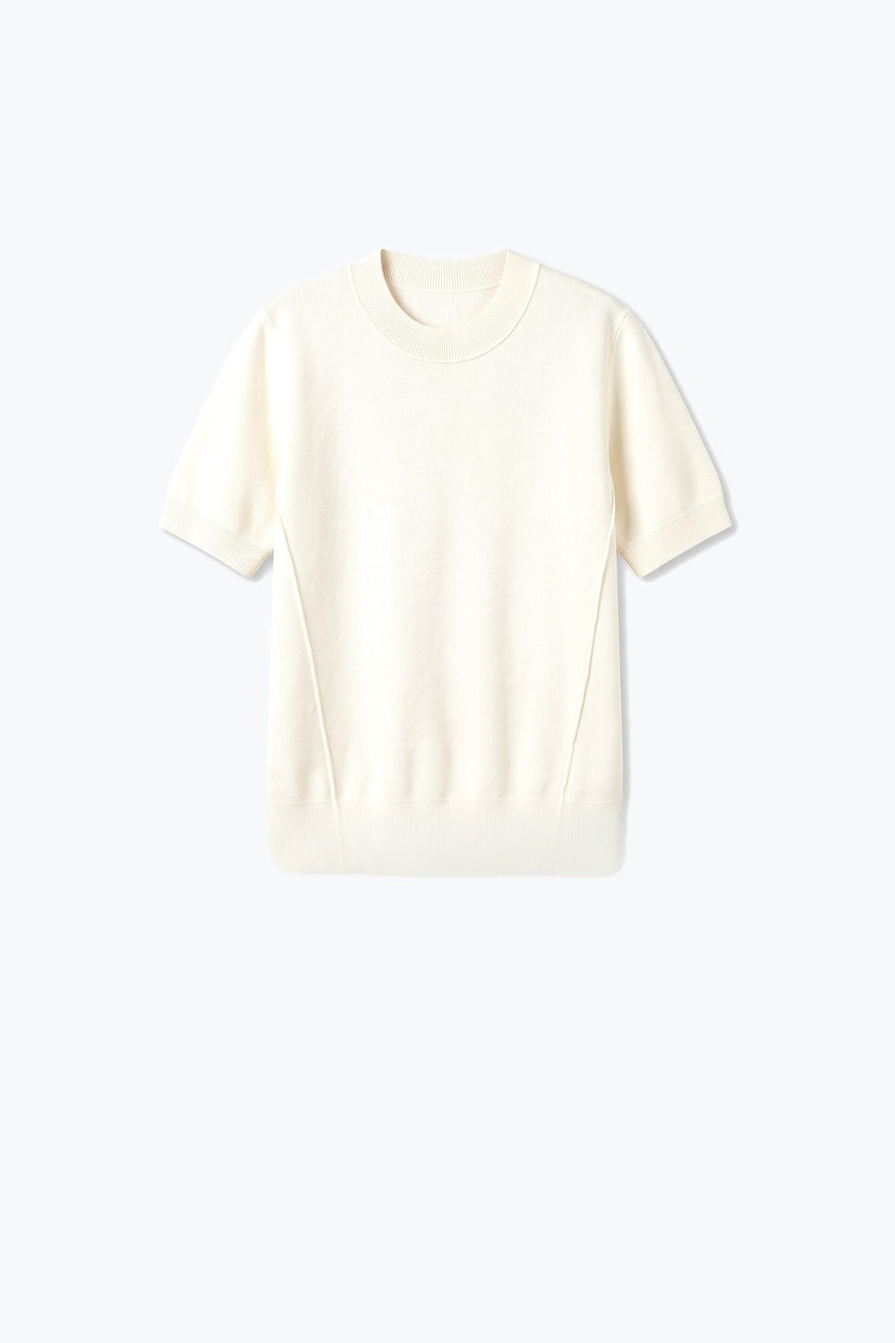Cream Merino Wool Blend Fine Knit Ribbed Short Sleeve sweater - Jumpers