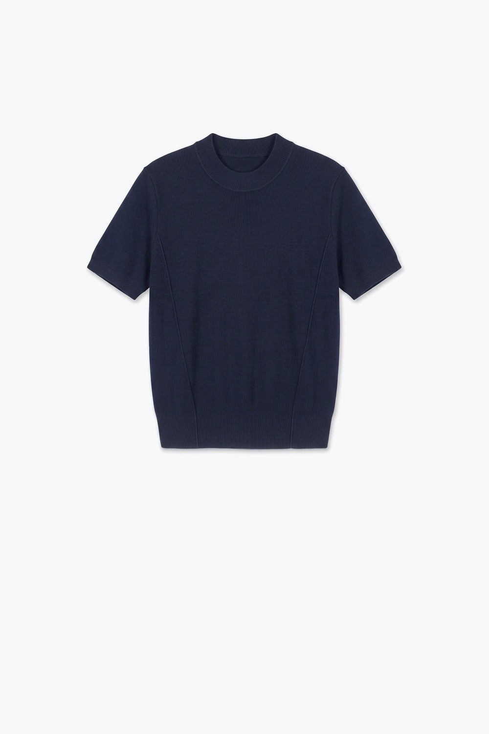 Navy Merino Wool Blend Fine Knit Short Sleeve Sweater - Jumpers