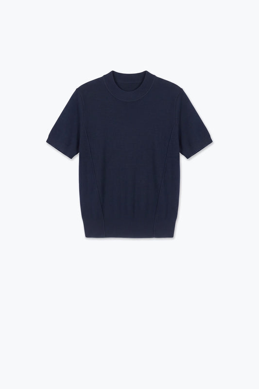 Navy Merino Wool Blend Fine Knit Short Sleeve Sweater - Jumpers