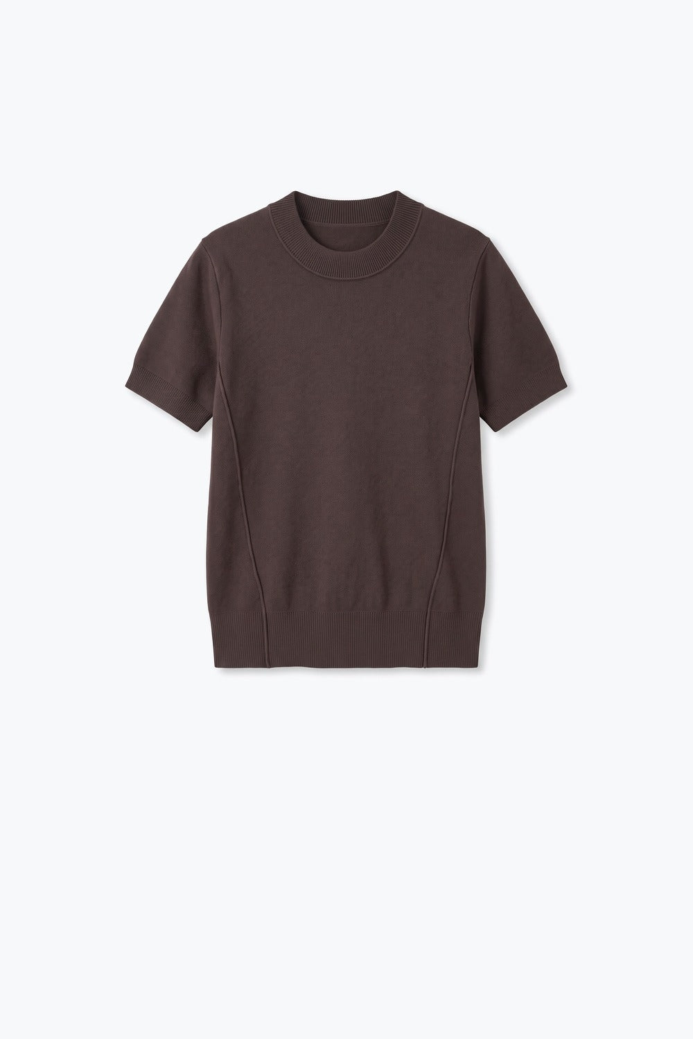 Brown Merino Wool Blend Fine Knit Ribbed Short Sleeve sweater - Tops