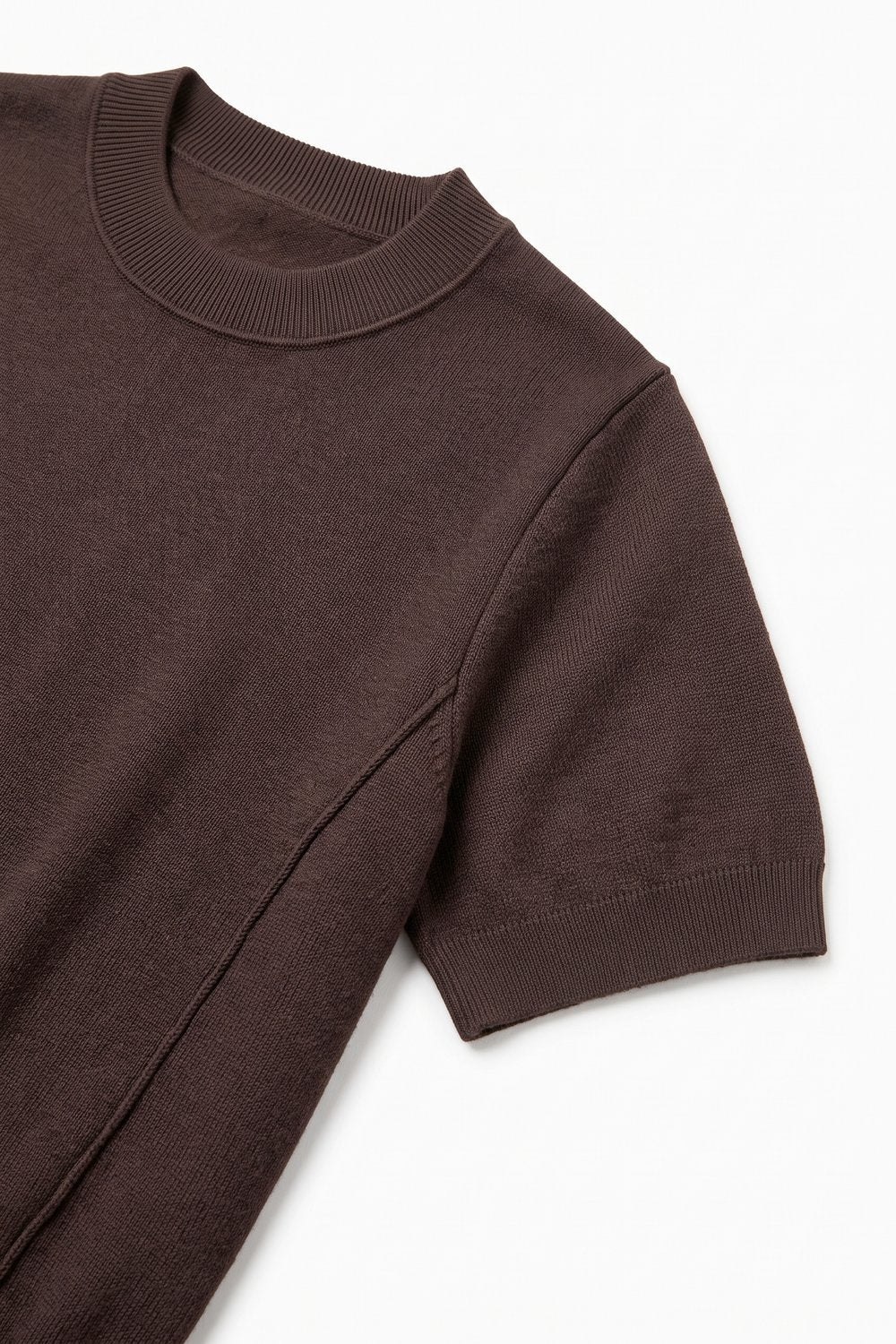 Brown Merino Wool Blend Fine Knit Ribbed Short Sleeve sweater - Tops
