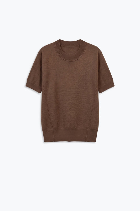 Camel Merino Wool Blend Fine Knit Ribbed Short Sleeve Sweater - Jumpers