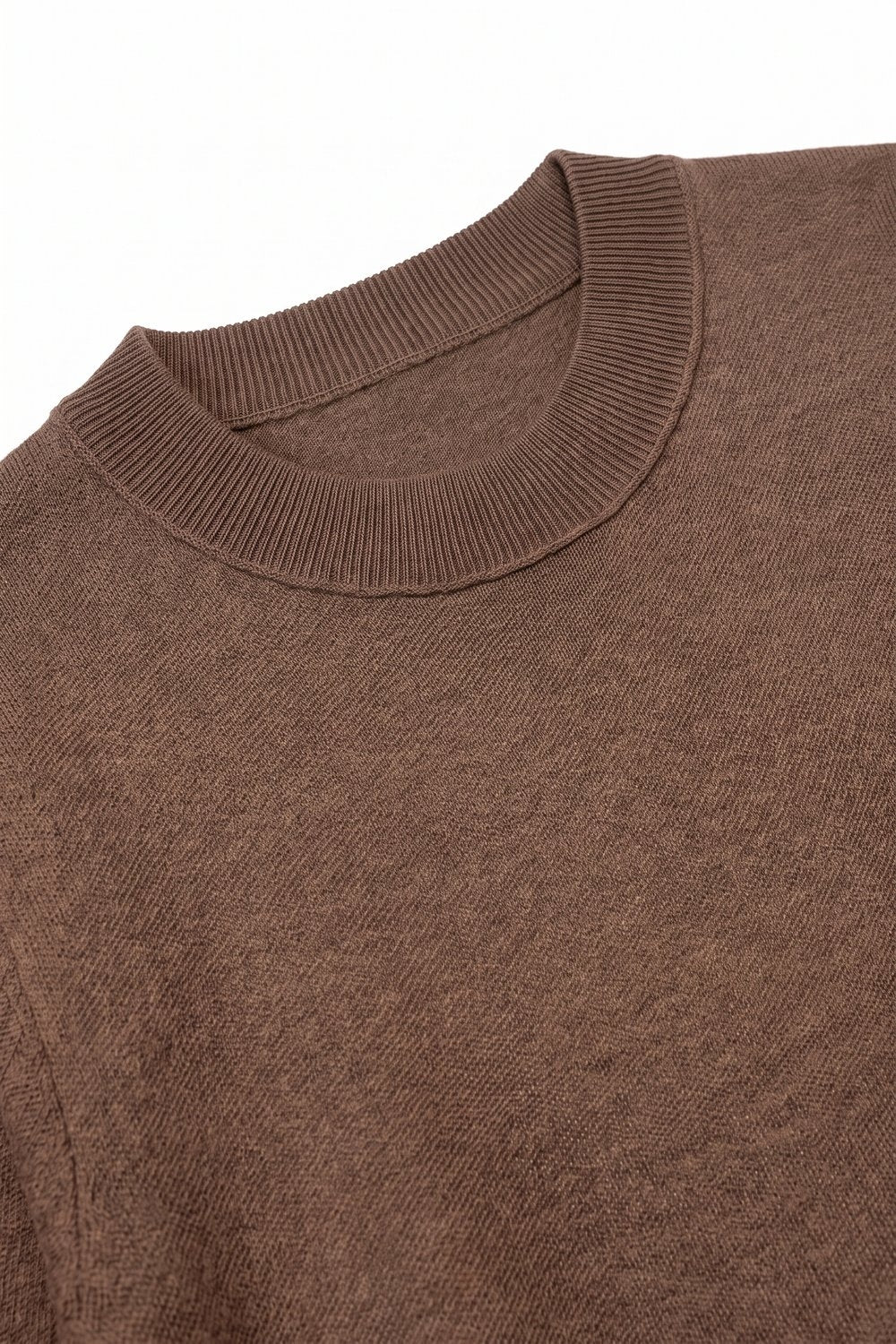 Camel Merino Wool Blend Fine Knit Ribbed Short Sleeve Sweater - Jumpers