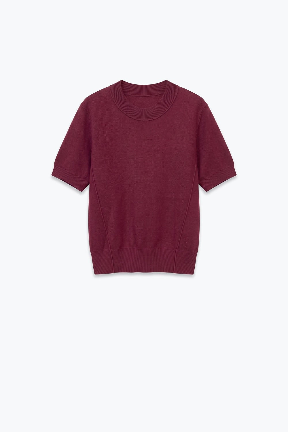 Burgundy Merino Wool Blend Fine Knit Short Sleeve Sweater - Jumpers