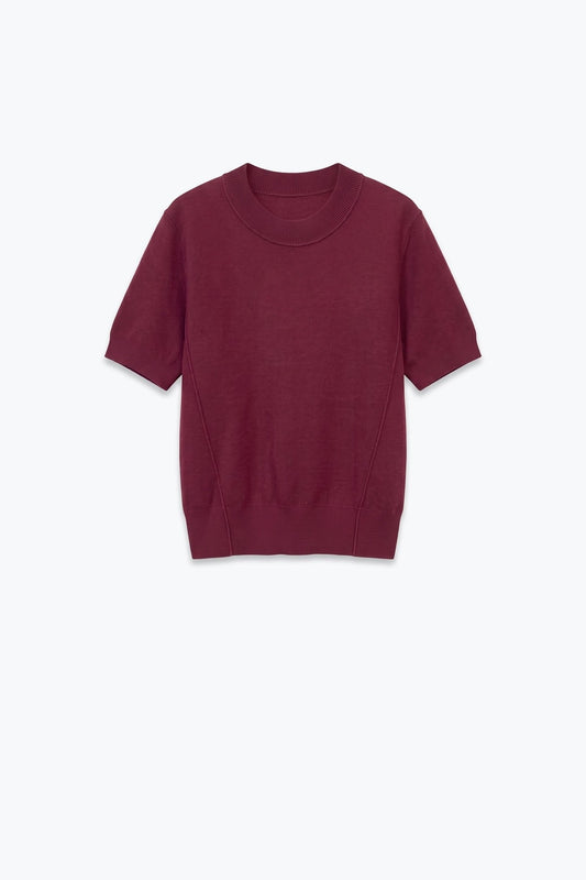 Burgundy Merino Wool Blend Fine Knit Short Sleeve Sweater - Jumpers