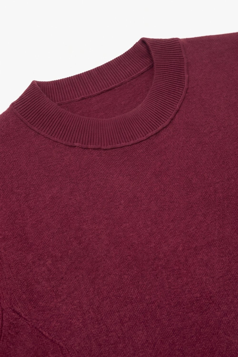 Burgundy Merino Wool Blend Fine Knit Short Sleeve Sweater - Jumpers