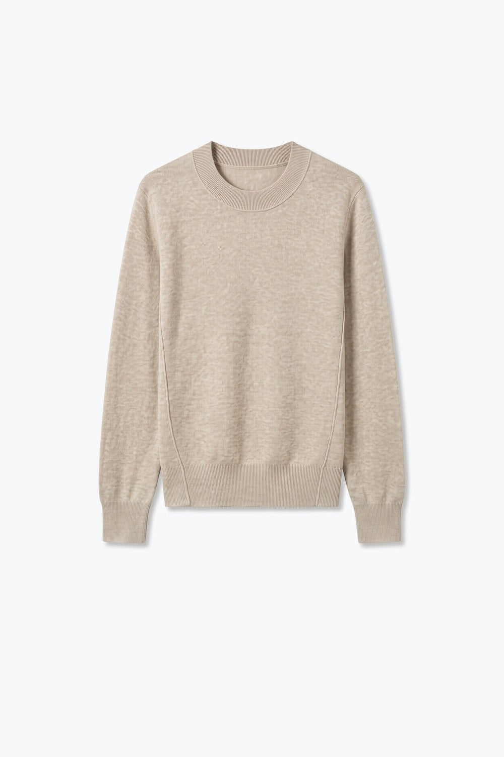 Beige Merino Wool Blend Fine Knit Crew Neck Ribbed Trim Sweater - Jumpers