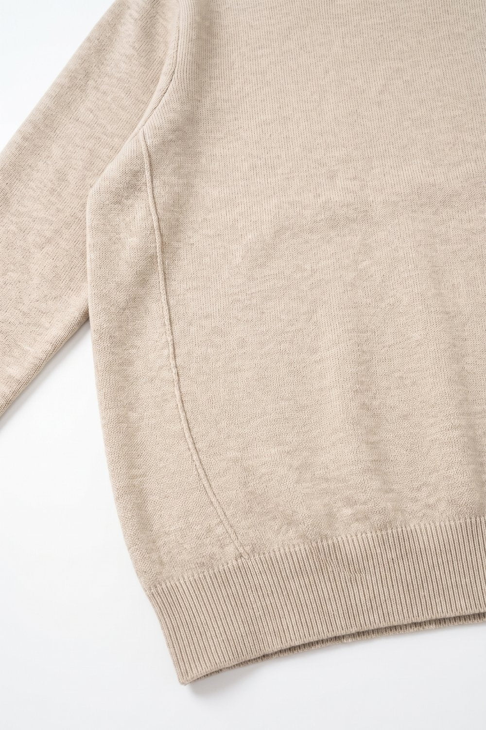 Beige Merino Wool Blend Fine Knit Crew Neck Ribbed Trim Sweater - Jumpers