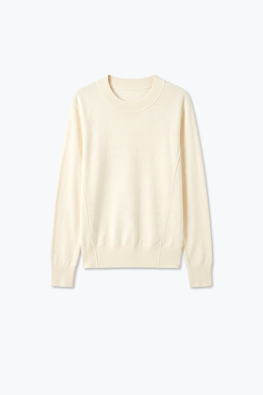 Cream Merino Wool Blend Fine Knit long sleeves Ribbed Trim Sweater - Jumpers