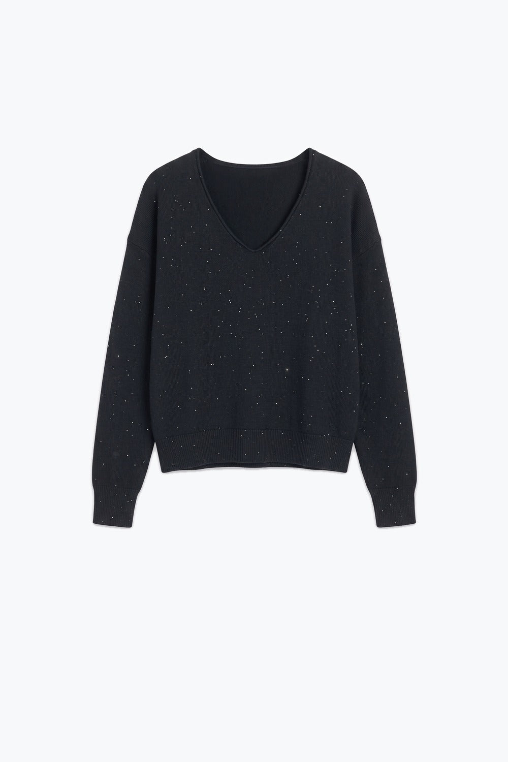 Black Glitter Fine Knit V Neck Ribbed Trim Sweater with sequins embellished - Jumpers