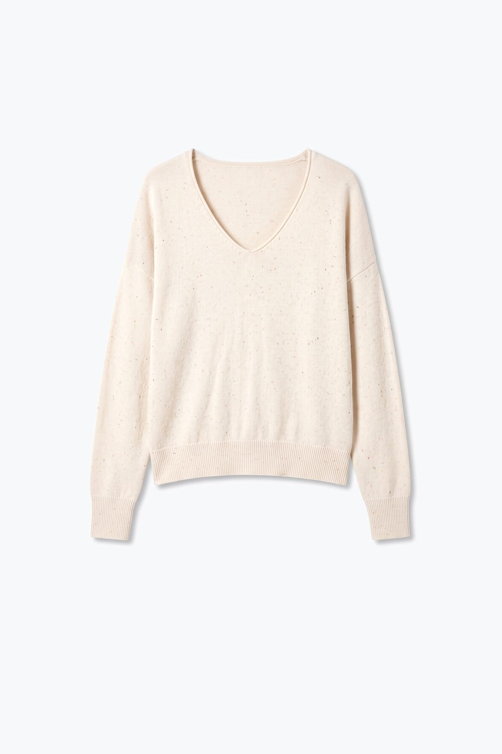 beige Speckled Soft Knit V Neck Ribbed Sweater with sequins embellished - Jumpers
