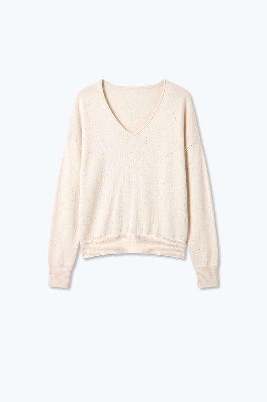 beige Speckled Soft Knit V Neck Ribbed Sweater with sequins embellished - Jumpers