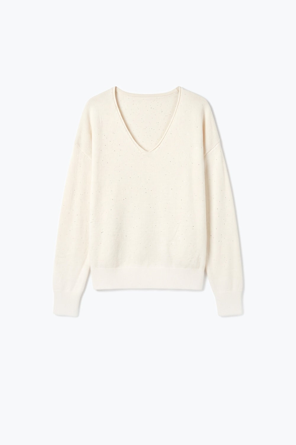 Cream Speckled Fine Knit V Neck Ribbed Trim Sweater with sequins embellished - Jumpers