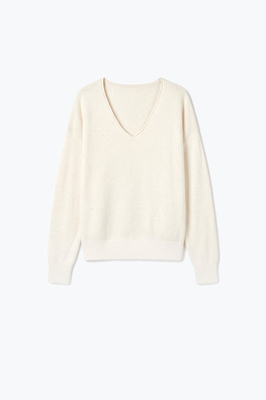 Cream Speckled Fine Knit V Neck Ribbed Trim Sweater with sequins embellished - Jumpers