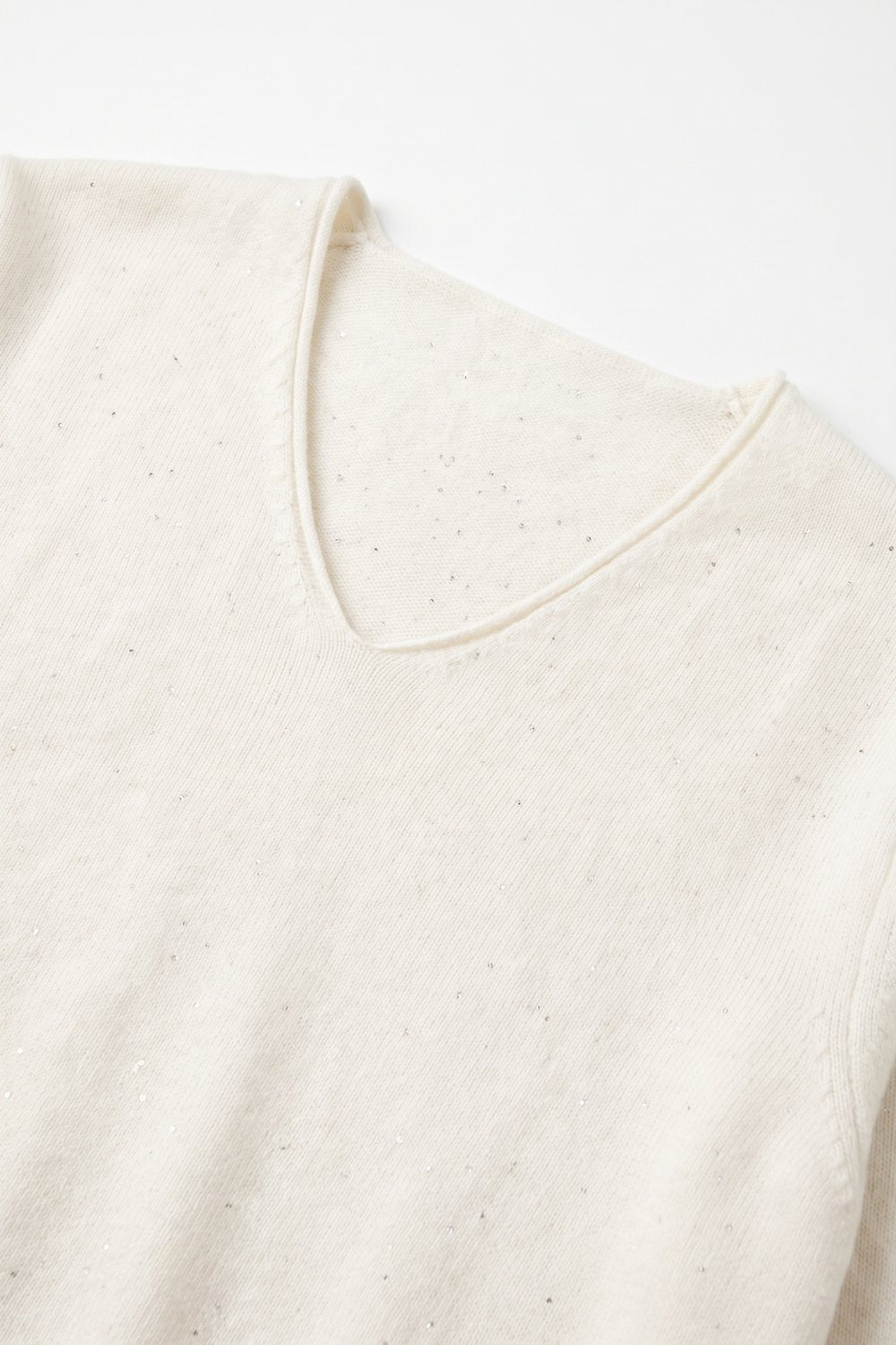 Cream Speckled Fine Knit V Neck Ribbed Trim Sweater with sequins embellished - Jumpers