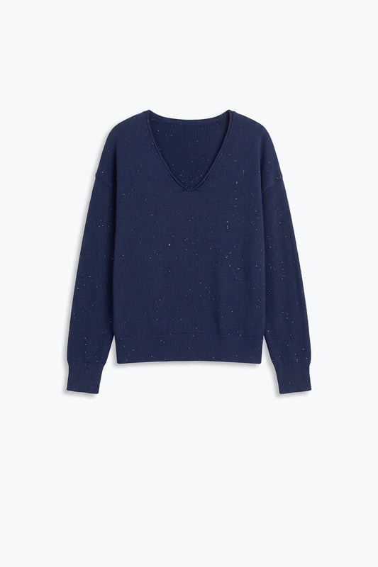 Navy Glitter Speckled Fine Knit V Neck Sweater with sequins embellished - Jumpers