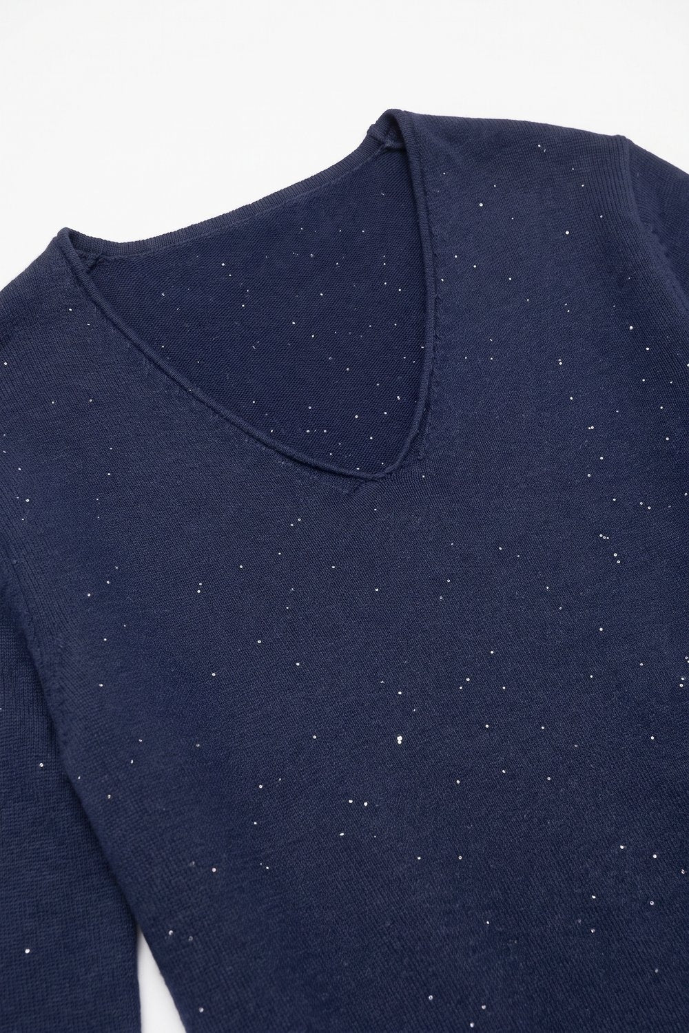 Navy Glitter Speckled Fine Knit V Neck Sweater with sequins embellished - Jumpers