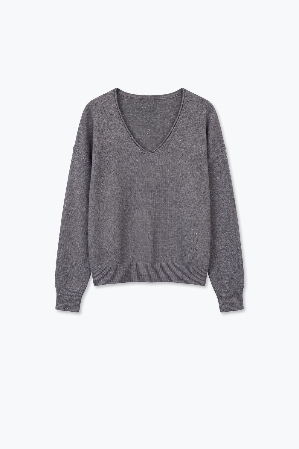Grey Fine Knit V Neck Ribbed Trim Sweater with sequins embellished - Jumpers