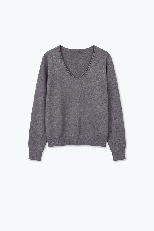 Grey Fine Knit V Neck Ribbed Trim Sweater with sequins embellished - Jumpers