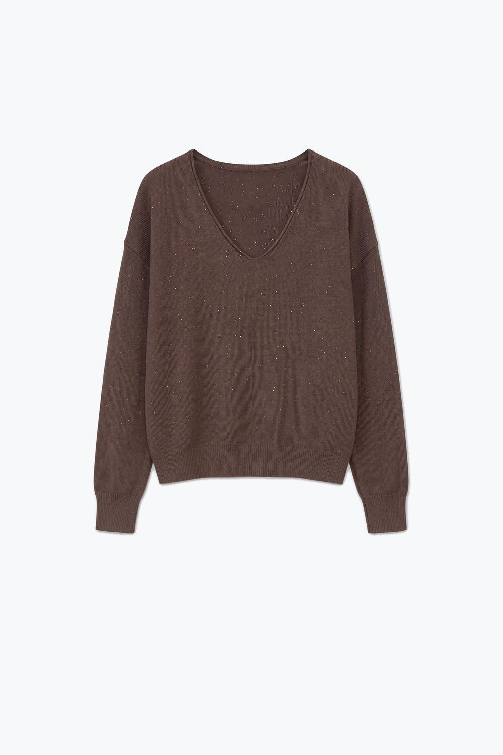 Brown Glitter Soft Knit V Neck Ribbed Trim Sweater - Jumpers