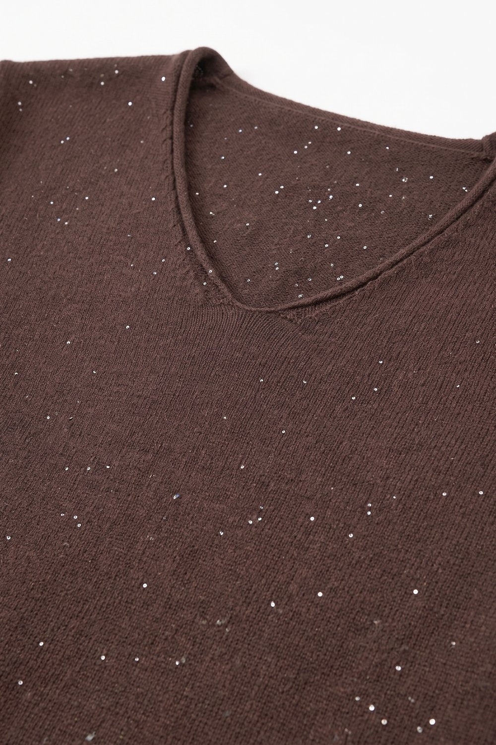Brown Glitter Soft Knit V Neck Ribbed Trim Sweater - Jumpers