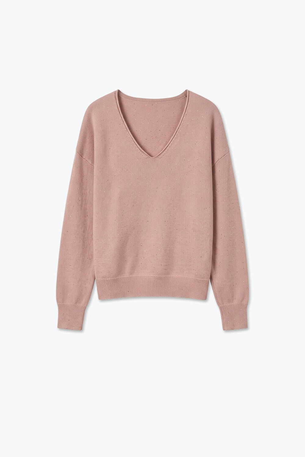 Light Pink Glitter Fine Knit V Neck Ribbed Trim Sweater - Jumpers
