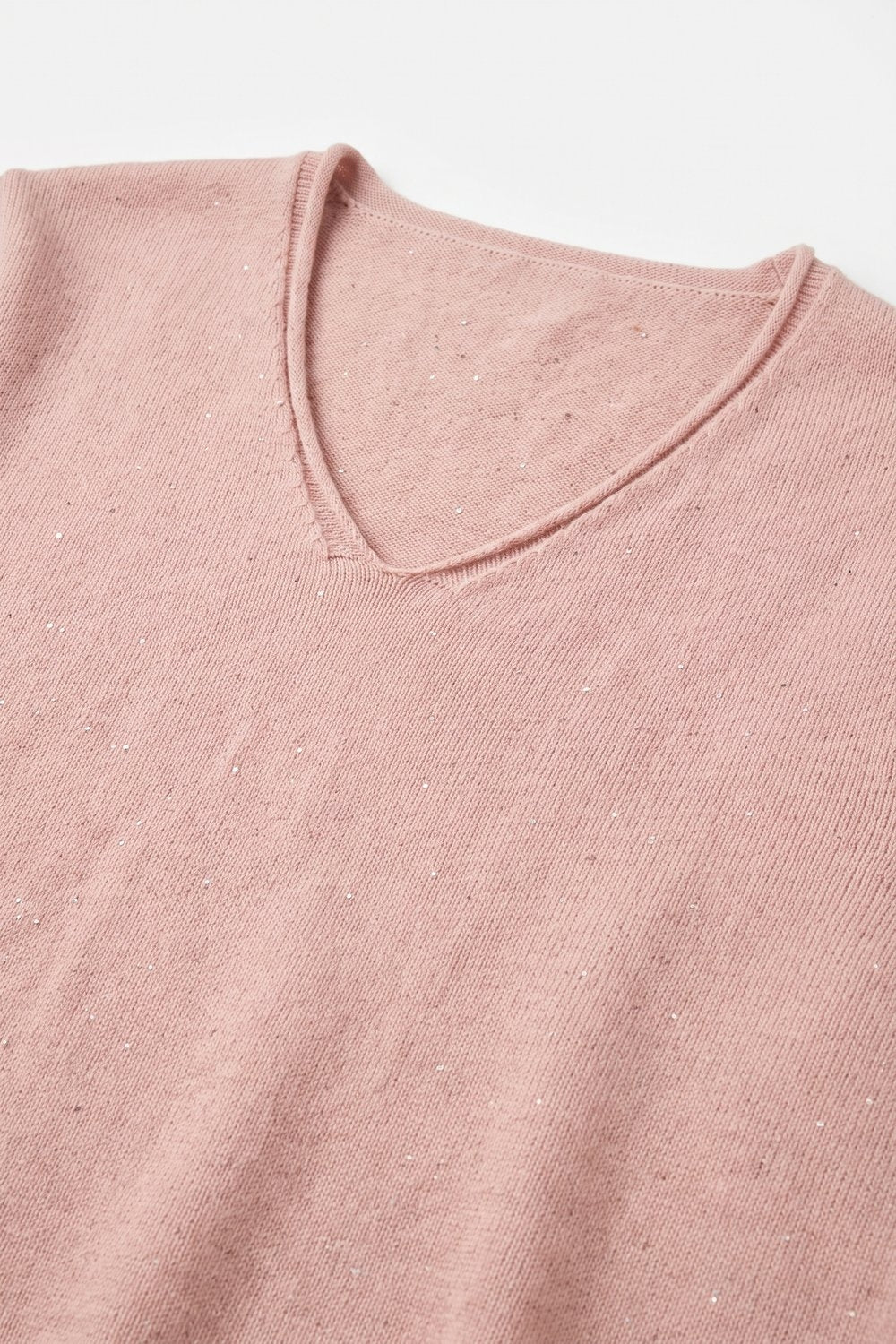 Light Pink Glitter Fine Knit V Neck Ribbed Trim Sweater - Jumpers