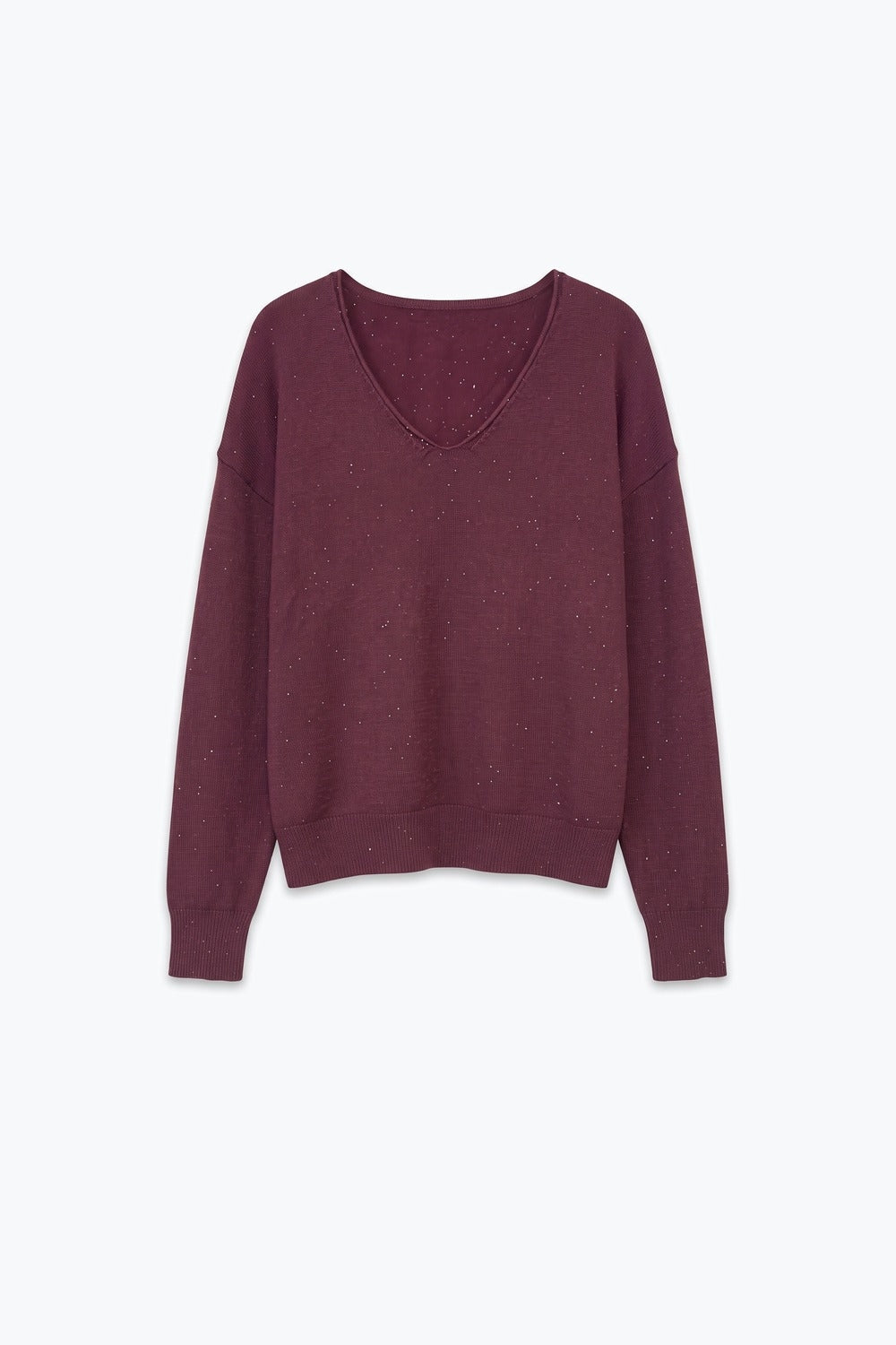 purple Glitter Fine Knit V Neck Ribbed Trim Sweater with sequins embellished - Jumpers