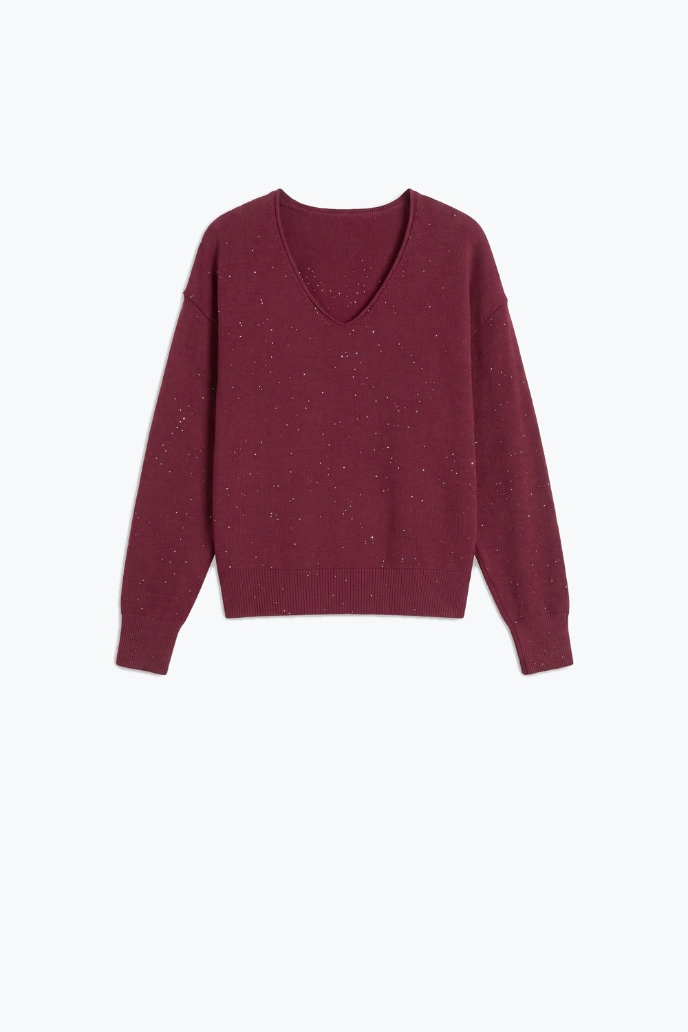 wine Glitter Fine Knit V Neck Ribbed Trim Sweater with sequins embellished - Jumpers