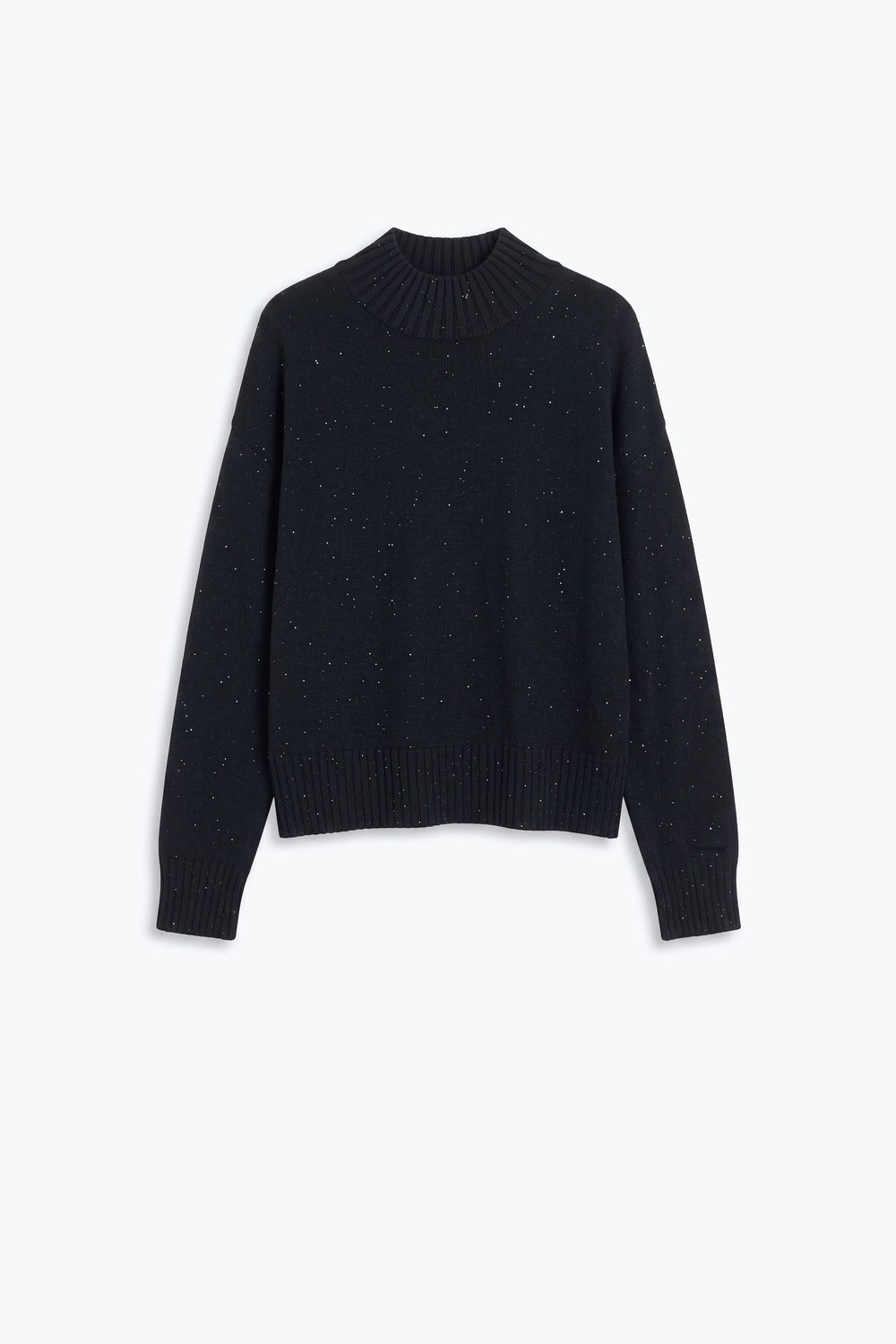 Black Embellished Sequin Soft Knit Ribbed Mock Neck Sweater - Jumpers