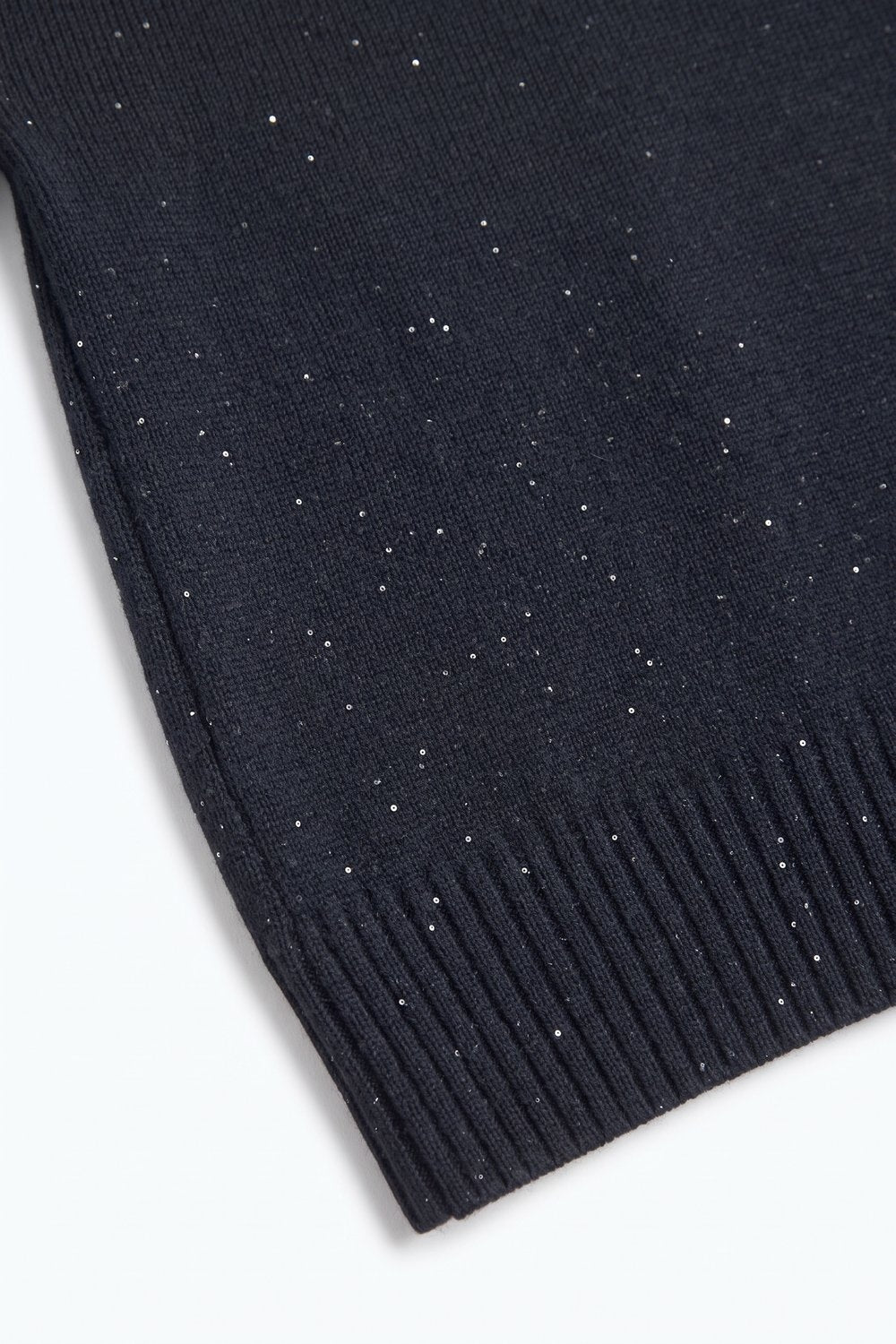 Black Embellished Sequin Soft Knit Ribbed Mock Neck Sweater - Jumpers
