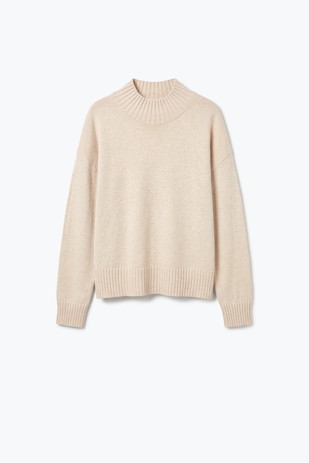 Beige Embellished Sequin Fine Knit Ribbed Turtleneck Relaxed Sweater - Jumpers