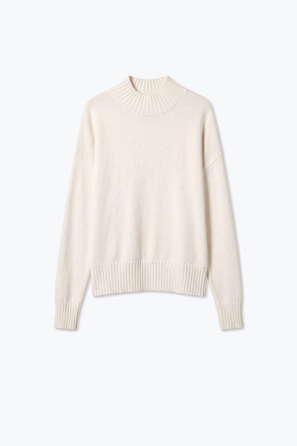 Cream Embellished Sequin Brushed Knit Mock Neck Ribbed Sweater - Jumpers