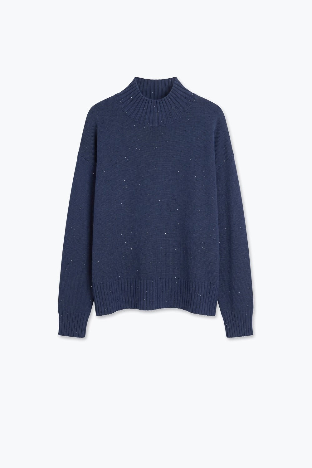 Navy Embellished Sequin Soft Knit Ribbed Turtleneck Sweater - Jumpers