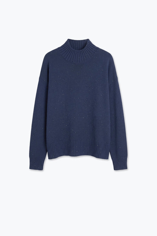 Navy Embellished Sequin Soft Knit Ribbed Turtleneck Sweater - Jumpers