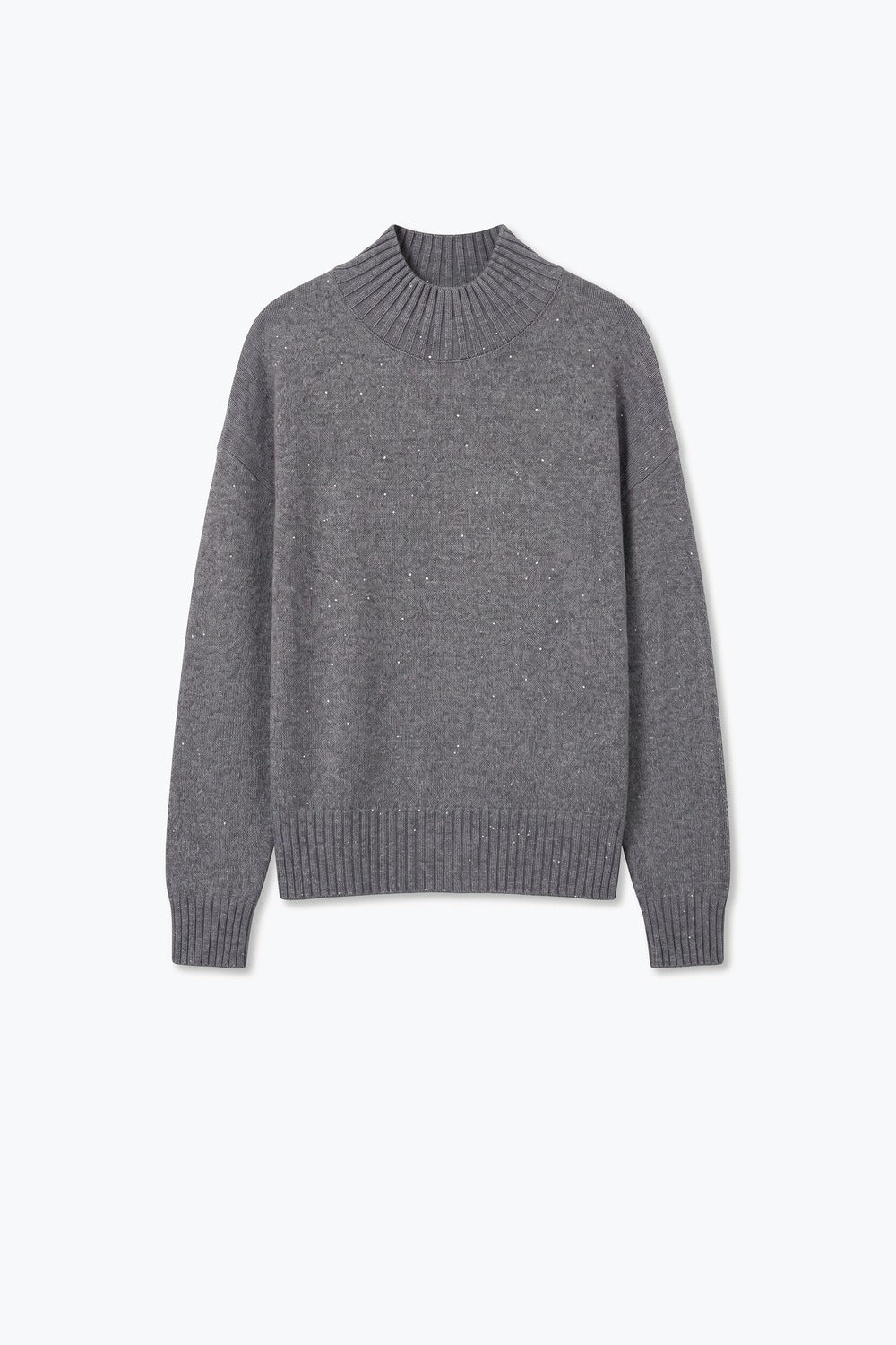 Grey Embellished Sequin Soft Knit High Neck Ribbed Trim Sweater - Jumpers