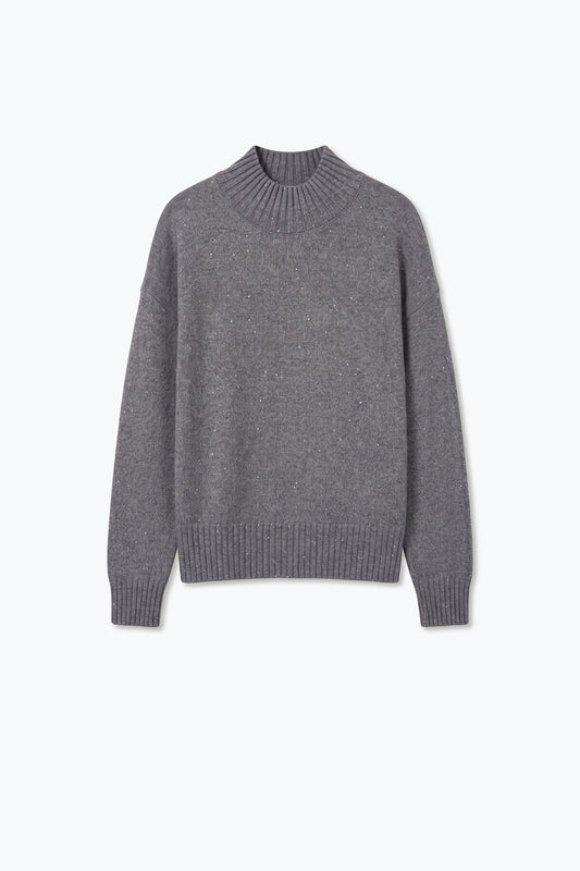 Grey Embellished Sequin Soft Knit High Neck Ribbed Trim Sweater - Jumpers