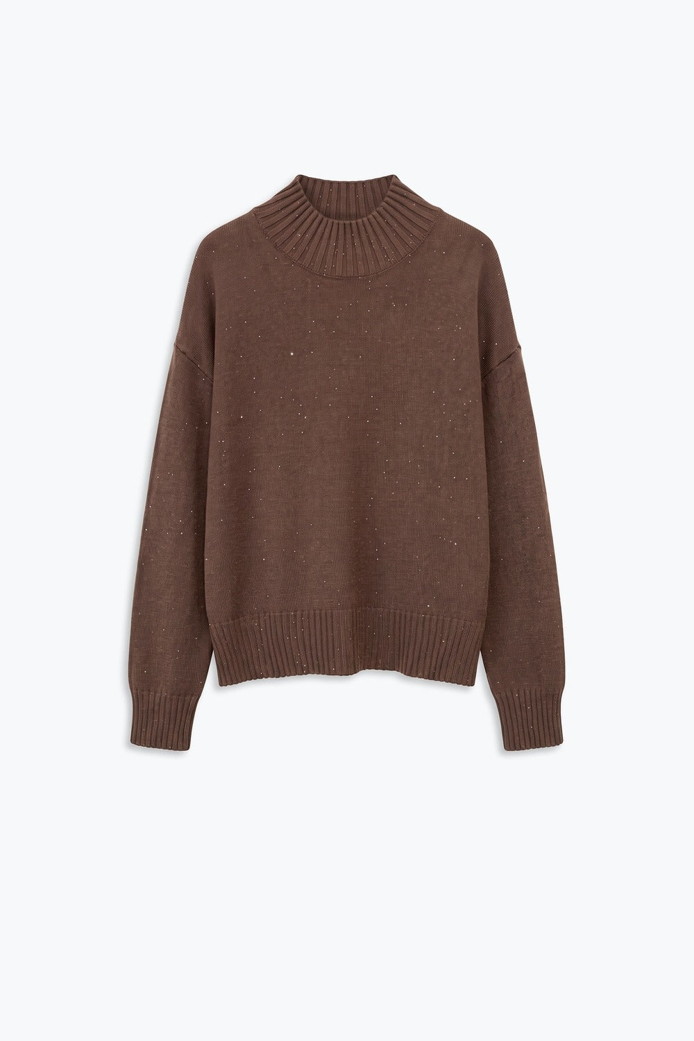 Brown Embellished Sequin Soft Knit Ribbed Mock Neck Sweater