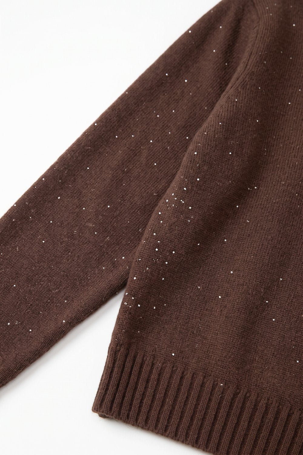 Brown Embellished Sequin Soft Knit Ribbed Mock Neck Sweater - Jumpers