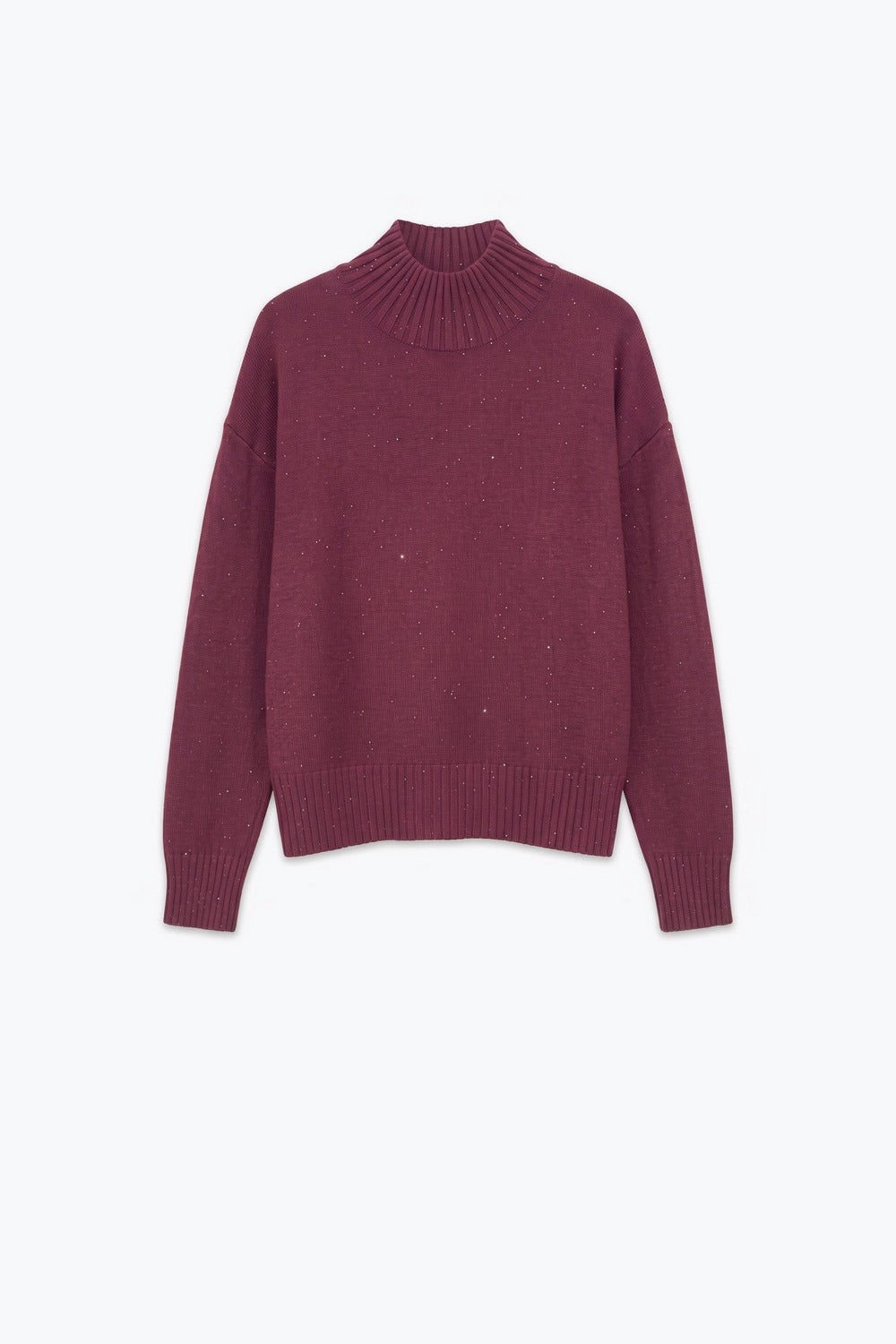 Burgundy Embellished Sequin Soft Knit Ribbed Turtleneck Long Sleeve Sweater - Jumpers